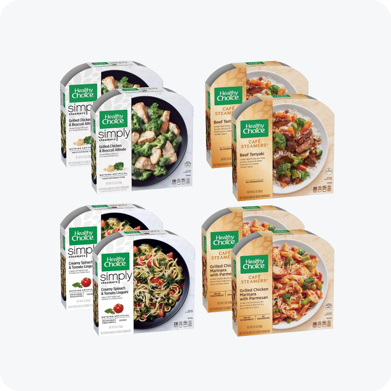 Healthy Choice Combo Pack, 2pcChicken Broccoli Alfredo, 2pc Beef Teriyaki, 2pc Creamy Spinach and Tomato Linguini, 2pc Grilled Chicken Marinara with Parmesan