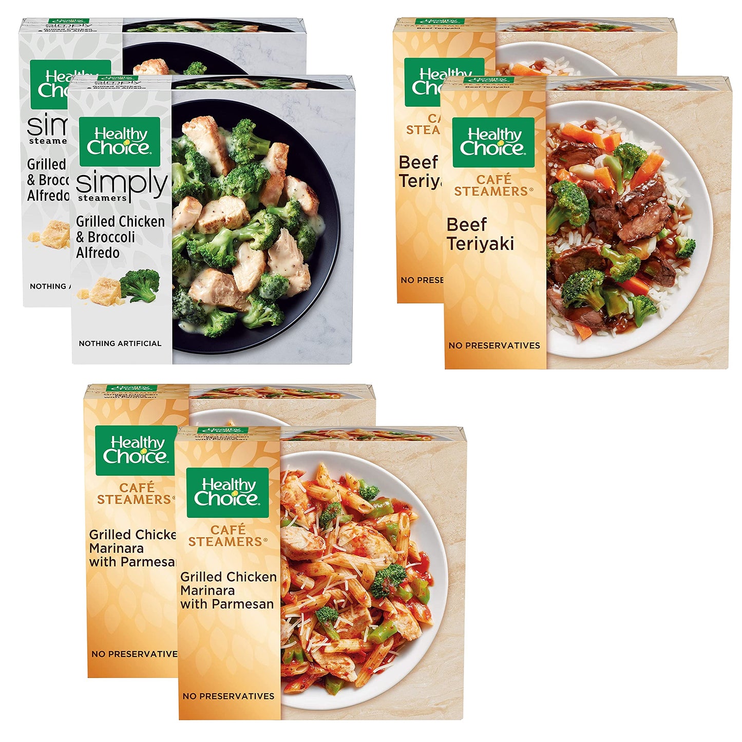 Healthy Choice Café Steamers Variety Pack - 2 Grilled Chicken Marinara with Parmesan - 2 Asian Inspired Beef Teriyaki - 2 Grilled Chicken & Broccoli Alfredo Frozen Meal