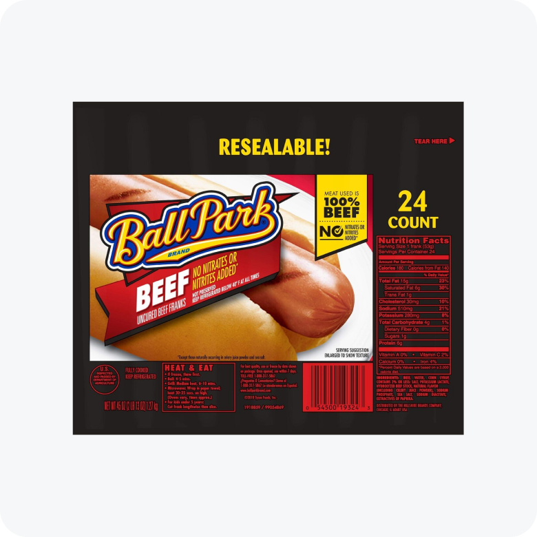 Ball Park Beef Hot Dogs, Original Length, 24 Count (Club Pack)