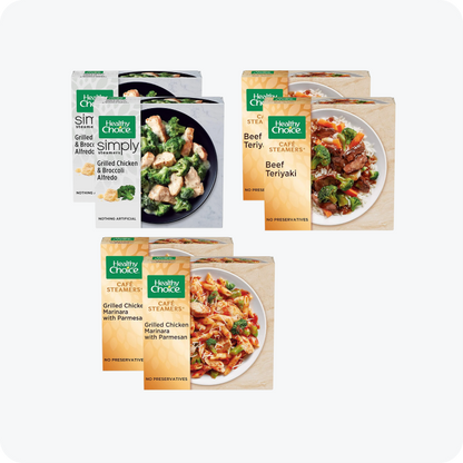Healthy Choice Café Steamers Variety Pack - 2 Grilled Chicken Marinara with Parmesan - 2 Asian Inspired Beef Teriyaki - 2 Grilled Chicken & Broccoli Alfredo Frozen Meal