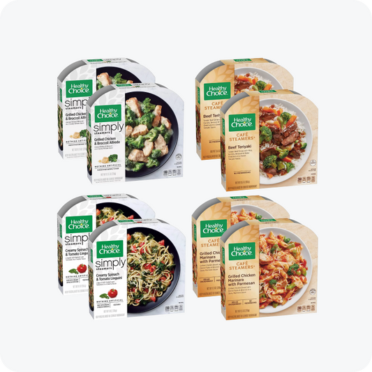 Healthy Choice Combo Pack, 2pcChicken Broccoli Alfredo, 2pc Beef Teriyaki, 2pc Creamy Spinach and Tomato Linguini, 2pc Grilled Chicken Marinara with Parmesan