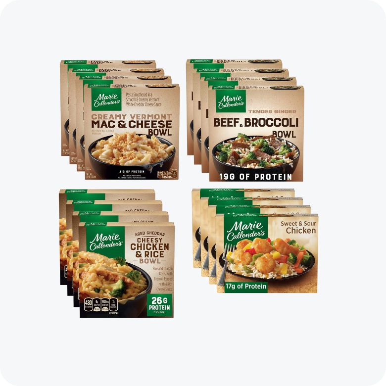 Marie Callender's Party Pack - Aged Cheddar Cheesy Chicken and Rice Bowl, Creamy Vermont Mac & Cheese Bowl, Tender Ginger Beef & Broccoli Bowl, Sweet & Sour Chicken -- Pack of 16