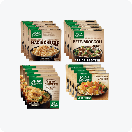 Marie Callender's Party Pack - Aged Cheddar Cheesy Chicken and Rice Bowl, Creamy Vermont Mac & Cheese Bowl, Tender Ginger Beef & Broccoli Bowl, Sweet & Sour Chicken -- Pack of 16