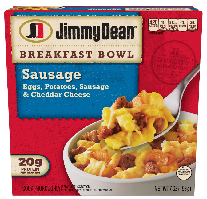Jimmy Dean Breakfast Bowl Fluffy Eggs, Potatoes, Sausage and Cheddar Cheese, 7 oz  -- 8 per case.
