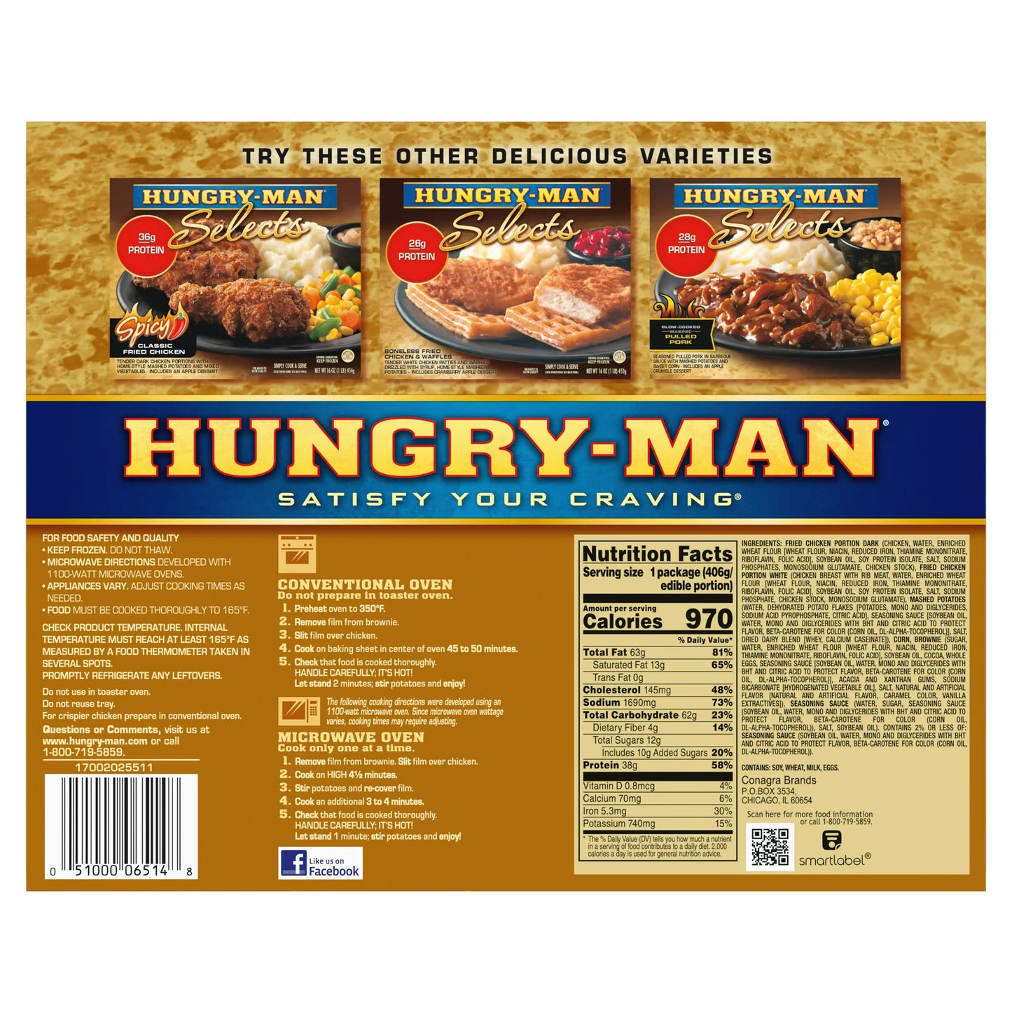 Hungry Man Selects Classic Fried Chicken Frozen Meal, 16 oz, -- 8 count