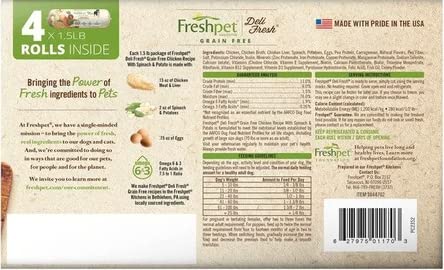 Freshpet Select Deli Fresh, Chicken Recipe with Spinach & Potato, Grain Free Rolls 4/1.5 lbs (Total 6 lbs)