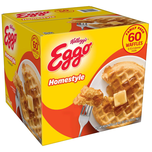 Kellogg’s Eggo, Frozen Waffles, Homestyle, Easy Breakfast, 74.1 oz Box (60 Count)
