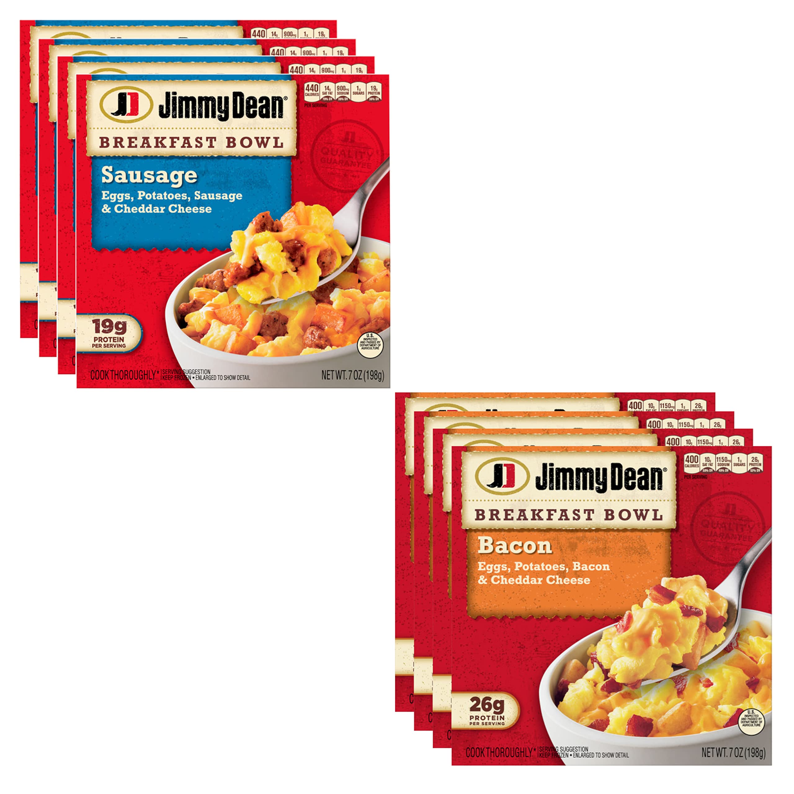 Jimmy Dean Breakfast Bowl Variety Pack - Bacon and Sausage Bowls with Eggs, Potatoes and Cheddar Cheese - Rich Source of Protein - 4 Pack (2 Boxes of Each)