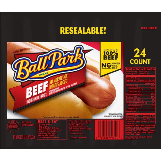 Ball Park Beef Hot Dogs, Original Length, 24 Count (Club Pack)