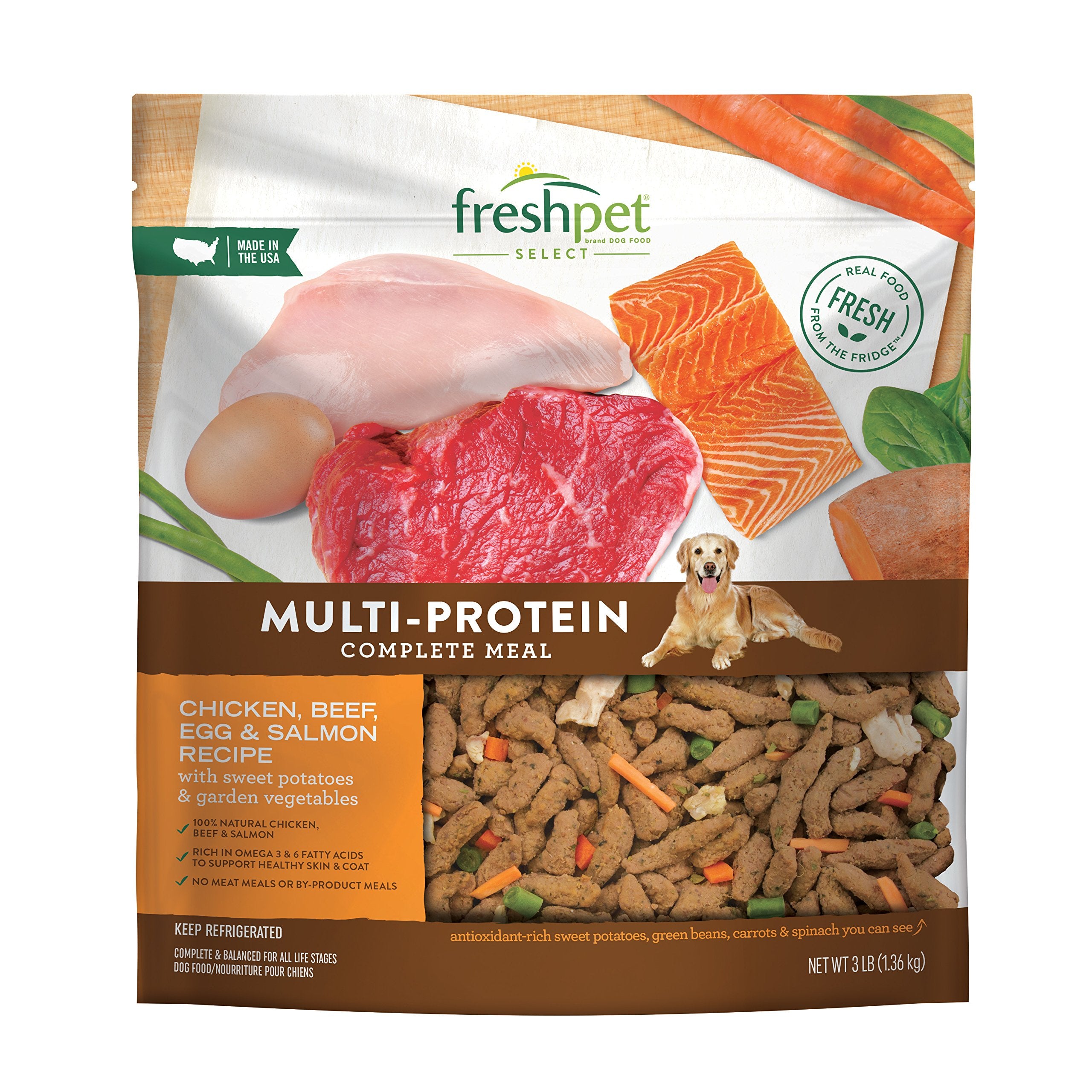Freshpet Dog Food, Multi-Protein Complete Meal, Chicken, Beef, Egg and Salmon Recipe, 3Lb