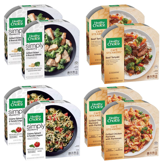 Healthy Choice Combo Pack, 2pcChicken Broccoli Alfredo, 2pc Beef Teriyaki, 2pc Creamy Spinach and Tomato Linguini, 2pc Grilled Chicken Marinara with Parmesan
