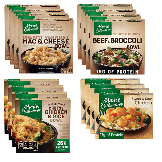 Marie Callender's Party Pack - Aged Cheddar Cheesy Chicken and Rice Bowl, Creamy Vermont Mac & Cheese Bowl, Tender Ginger Beef & Broccoli Bowl, Sweet & Sour Chicken -- Pack of 16